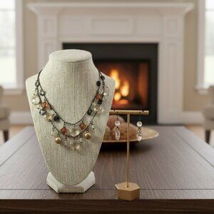 Premier Designs Gold Pearl & Multi-colored Gem Necklace & Earring Set